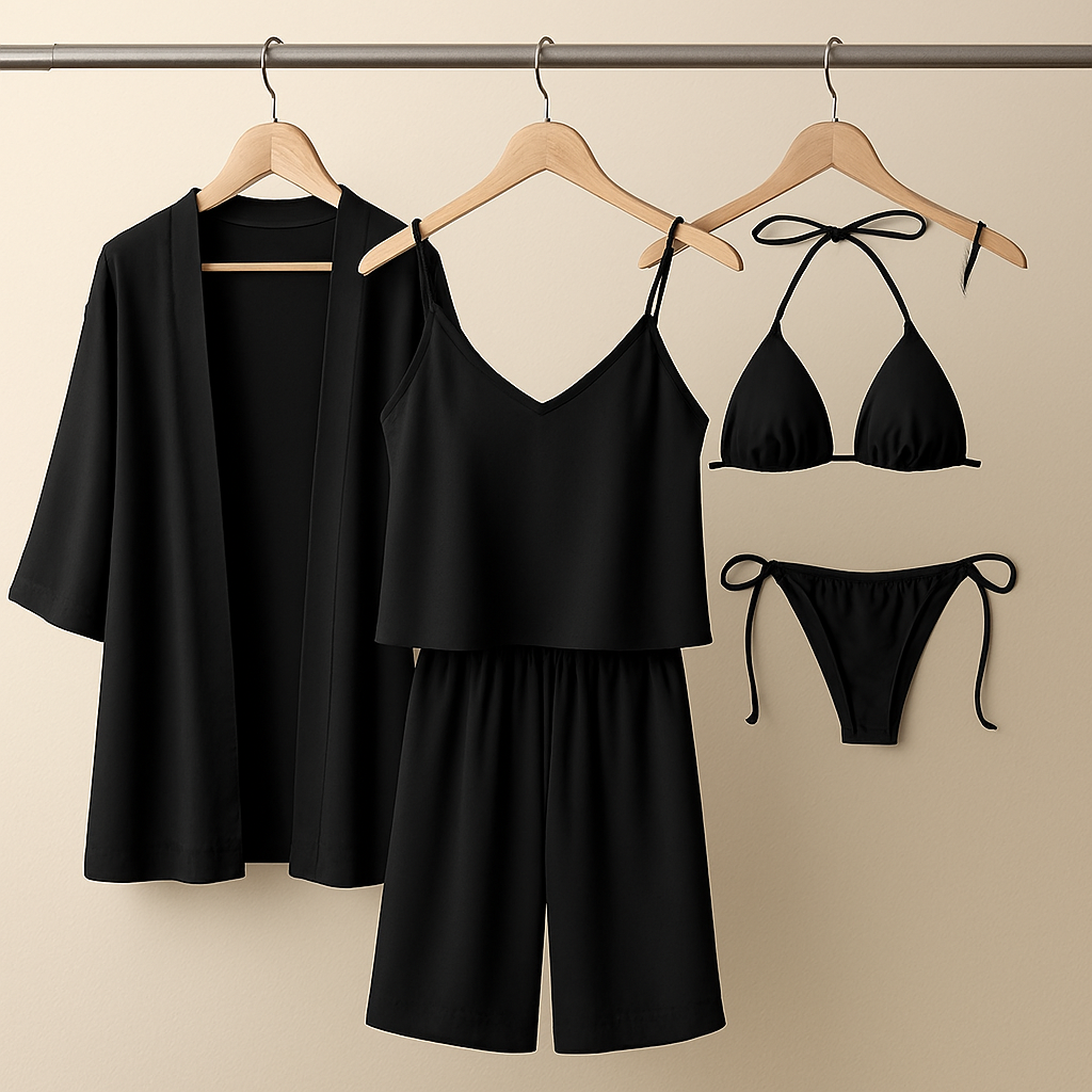 5-Piece Satin Sleepwear Set for Women – Robe, Camisole, Pants & Bikini Nightwear (Black, DC-5002)