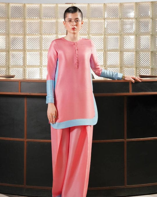 Rosy Glow Swiss Lawn Shirt – Elegant Color Block Design for Women (Pink, Large)