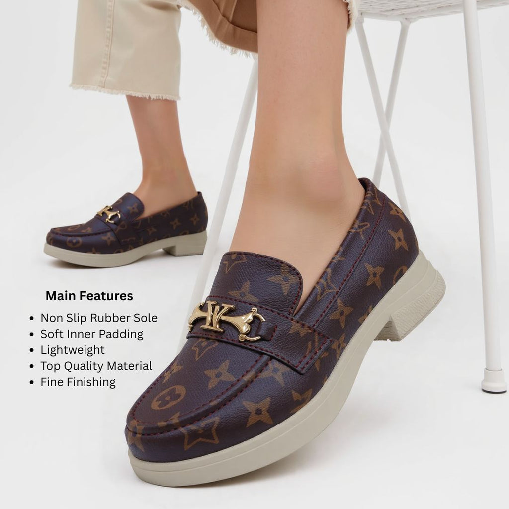 Women’s Brown Loafers | Elegant Shoes with Gold Buckle for Casual & Formal Wear