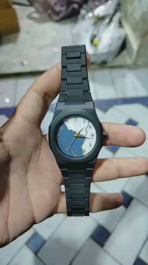 Elegant black aura watch with durable build, comfy strap, and a clear display...